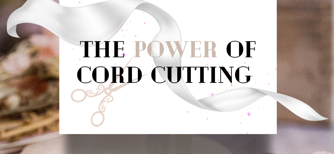 Graphic with Ribbon and scissors reading "the power of cord cutting" with crystals on grid in background
