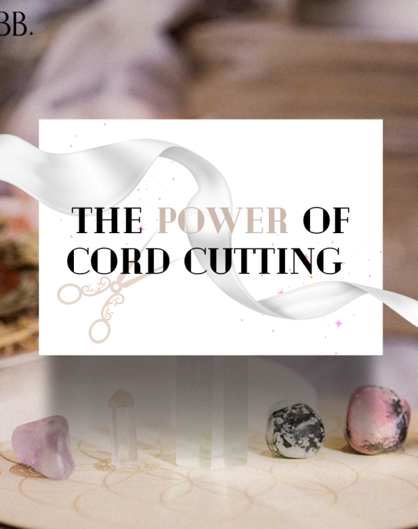 Graphic with Ribbon and scissors reading "the power of cord cutting" with crystals on grid in background