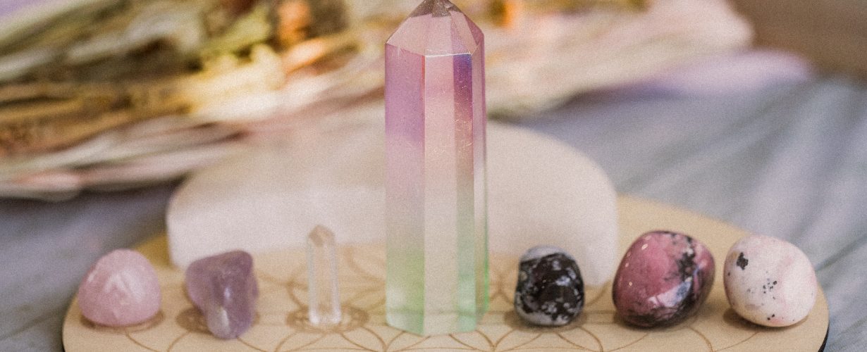 Crystals Set Up on Grid for Cleansing Intentions - Sit, Breathe, Balance.