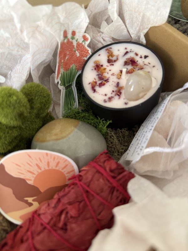 Close up view of contents inside Balance Box custom made smudge kids - Sit, Breathe, Balance.