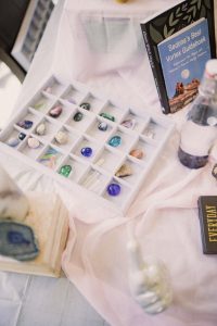 Crystals in Tray on Altar Table - Sit, Breathe, Balance.