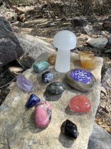 Crystal Collection Sitting on Rock in Shady Spot in Woods - SBB