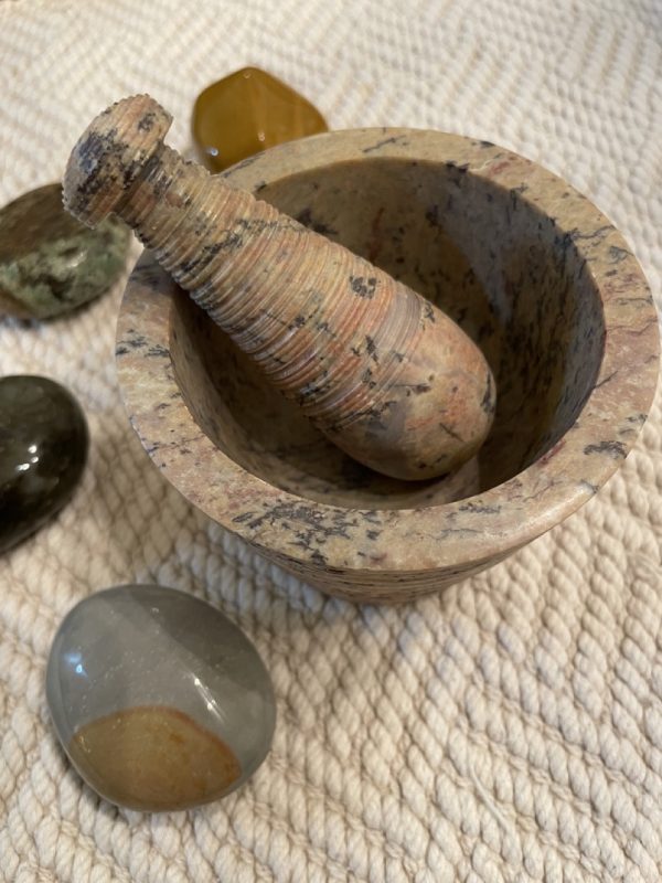 Soapstone Mortar + Pestle Set with Palm Stones Surrounding - SBB