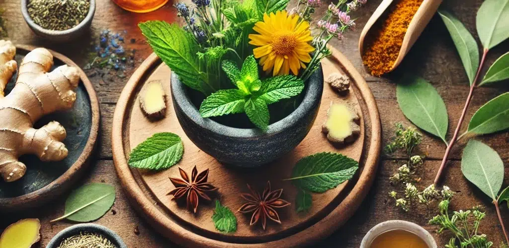 Fresh herbs, plants, tea and adaptogens laid out on tray