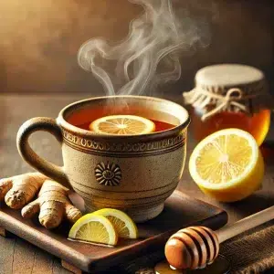 Mug of steaming ginger tea with fresh ginger root and lemon next to mug