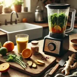 Blender on countertop with fresh fruit, herbs, and plants to make fresh juice