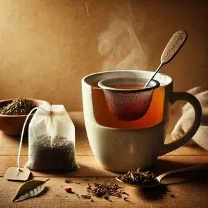 Mug of hot tea steaming while steeping - Sit, Breathe, Balance.