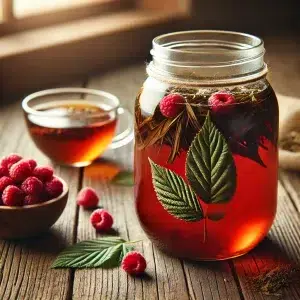 Mason jar of loose leaf raspberry leaf tea for pregnant mamas in third trimester - Sit, Breathe, Balance.