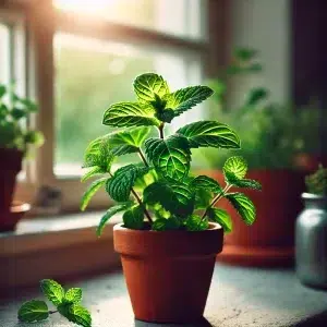 Small pot of fresh peppermint growing on sunny windowsill - Sit, Breathe, Balance.